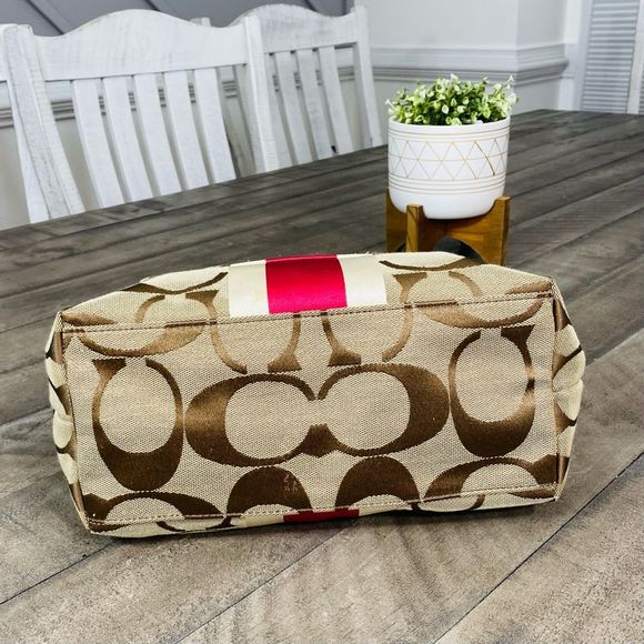 Coach Signatur Hamptons Weekend Khaki Pink Signature Stripe Tote Purse 10055 - Picture 5 of 8